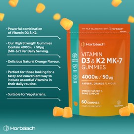 Vitamin D3 K2 Gummies | 60 Count (2 Months Supply) | High Strength 4000iu Vitamin D3 and 50ug Vitamin K2 MK7 | Natural Orange Flavour | Vegetarian | by Horbaach
