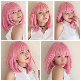 BEAUTIFA Pink Bob Wig with Bangs for Women 12 Inch Short Straight Pink Wigs Synthetic Colored Wigs