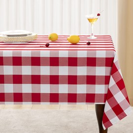joybest 60 x 104 Inch Rectangle Checkered Tablecloth - Wrinkle Resistant Waterproof Table Cloth Buffalo Plaid Washable Polyester Fabric Table Cover for Outdoor Picnic, Dinner and Party, Red and White