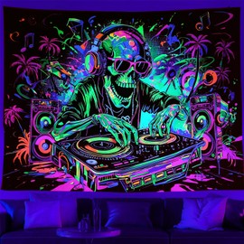 TUGCAY Blacklight Skull Tapestry Funny Skeleton Hip Hop Music Tapestry UV Reactive Gothic Hippie Tapestries Wall Hanging for Bedroom Dorm Game Room Decor(51.2 x 59.1 Inches)