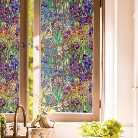 Purple Pink Green Wildflower Iris Floral Stained Glass Window Films Decorative Double-Side Privacy Film Self-Adhesive Static Glass Clings Stickers for Living Room Bathroom Glass Windows Decor