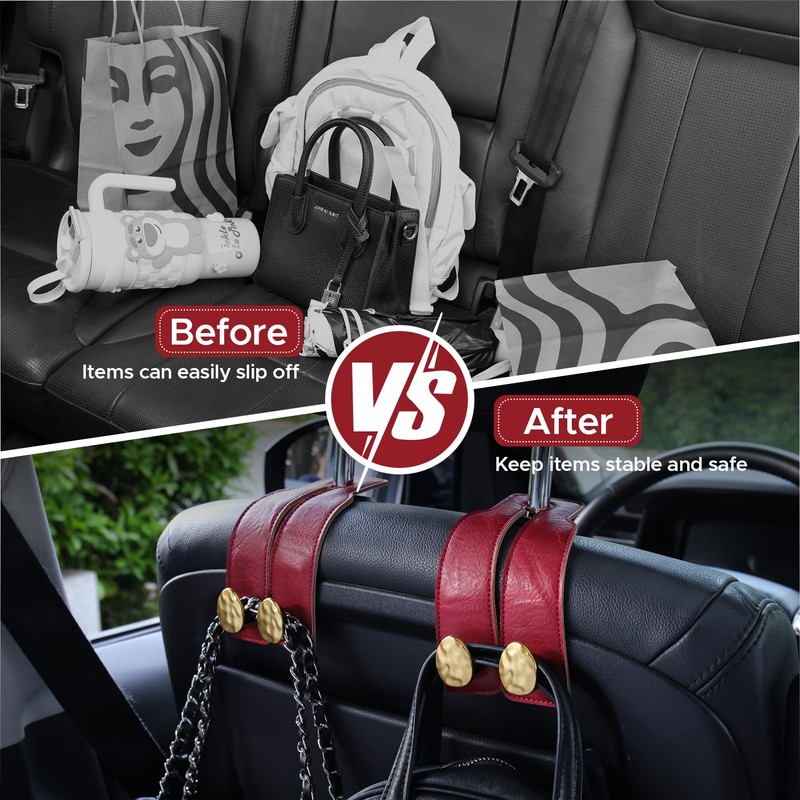 URIZZD 2PCS Leather Car Seat Hooks for Headrest, Vehicle Hanger