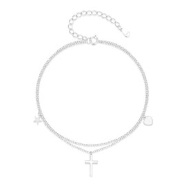 Kokoma Dangle Cross Anklet 925 Sterling Silver Layered Chain Dangling Charm Star Heart Ankle Bracelet Anklets Summer Holiday Foot Jewelry Gifts for Women
