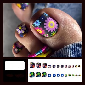 24Pcs Color Flowers Press on Toenails Short Square - ZIFANHU Black Fake Toe Nails Press ons Acrylic Nail Art Kit Full Cover Press on Summer False Toe Nails Glue on Nails Stick on Nails for Women