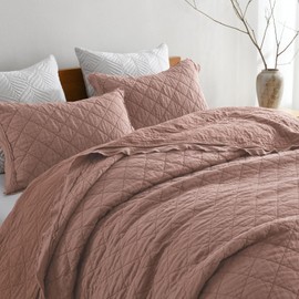 HORIMOTE HOME 100% Linen Front/100% Cotton Back Quilt Set King Size, Cameo Rose Pre-Washed European Flax Linen Quilt, Diamond Stitch Bedspread Coverlet Bedding Set 3-Piece for All Seasons