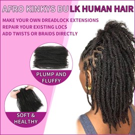 Geogroket Afro Kinkys Bulk Human Hair for Permanent Micro Locs/Twists/Braids/Repair 4C Afro Kinky Curly Bulk Human Hair Can Dye and Bleach Natural Black 14 Inch