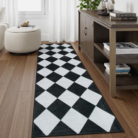 Beeiva Checkered Print Washable Kitchen Runner Rug 2x6, Ultra Thin Non Slip Carpet Runners for Hallway 6ft, Moroccan Stain Resistant Balck Runner Rug for Entryway Bathroom Bedroom Laundry (2'x6')