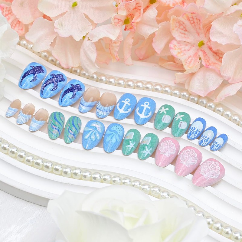 24Pcs Cute Summer Press on Nails Short Almond French Tip