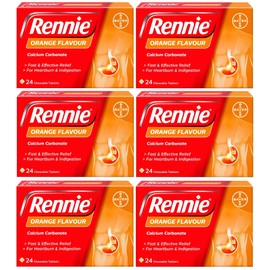 Rennie Rennie Orange - Antacids, Heartburn and Indigestion Fast and Effective Relief for Acid Reflux - 144 Tablets (6 Pack of 24 Tablets)