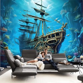 FENDROM Under The Sea Tapestry Wall Hanging for Bedroom Aesthetics, Deep Sea Sunshine Seabed Coral Pirate Sailboat Wall Tapestry Decor for Living Room