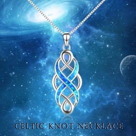 YFN Irish Celtic Knot Created Opal Pendant Necklace Infinity Love Sterling Silver CZ Jewelry 18" (Blue Opal Celtic Knot Necklace)