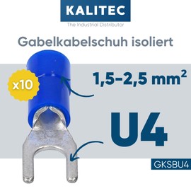 Pack of 10 Kalitec GKSBU4 Cable Lugs Fork Cable Lugs 1.5-2.5 mm² I Blue Partially Insulated I PVC Collar U4 I for Connecting Cables or Strands I Protects Electrical Connections I Crimp Connector