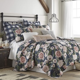 Levtex home - Fiori Quilt Set - Twin Quilt (68x86in.) + One Standard Pillow Sham (26x20in.) - Floral - Charcoal, Coral, Pink, Green, Cream - Reversible - Cotton Fabric