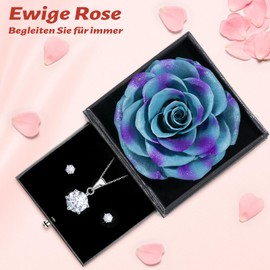 Sunia Eternal Real Rose with Necklace and Earrings Made of 925 Sterling Silver, Preserved Eternal Rose with Silver Chain, Gift for Women, Mum, Grandma, Rose Box, Enchanted Rose Flower for Valentine's