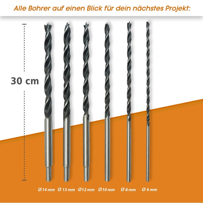 Wood drill bit set, for drills, 30 cm long wood