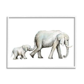 Stupell Industries Baby Elephant Mother Watercolor Painting Nursery Safari Animals White Framed Wall Art, 14 x 11, Grey
