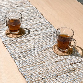 Chardin Home Natural Jute Table Runner 13x90 Inch – Vintage Boho Rustic Table Decor – Handwoven Jute Table Runner in Natural and Blue – Farmhouse Dining or Console Table Accent