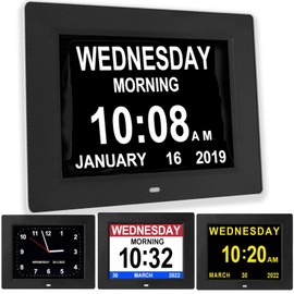 Gsituk 12 Alarms Large Dementia Clock 8 inch, Seniors Auto Dimming LED Digital Calendar Clock with Day Date Time for Bedroom Livingroom and Wall (Black)