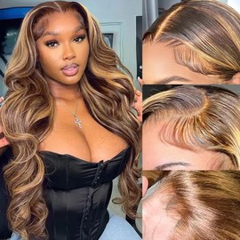 34 Inch Ombre Highlight Lace Front Wigs Human Hair Body Wave 13X4 4/27 Ombre Honey Blonde Wig Human Hair Wear and Go Glueless Highlight Wig Human Hair Pre Plucked HD Lace Frontal Wigs For Black Women