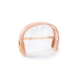 Bolsa de cosméticos de media luna, pequeña y bonita bolsa de cosméticos transparente y portátil, compatible con la TSA para viajes, simple y liso, transparente o bolso de mano para maquillaje, hecho de piel vegana, vinilo PVC y gamuza, Blush,