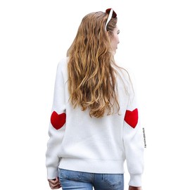 CHICWISH Women Comfy Casual Long Sleeve Heart Shape Patched White Knit Top Pullover Sweater