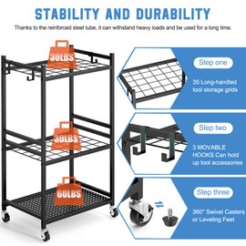 DAOUTIME Garden Organizer With Wheels, Yard Tower Rack for Garage Storage, Up to 35 Long-Handled Tools, Sturdy Metal Steel Holder With 3 Hooks, Outdoor, Black