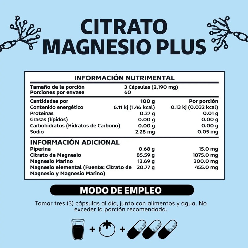 Citrato Magnesio Plus Con Piperina 455mg Magnesio Elemental Magnesio Capsulas