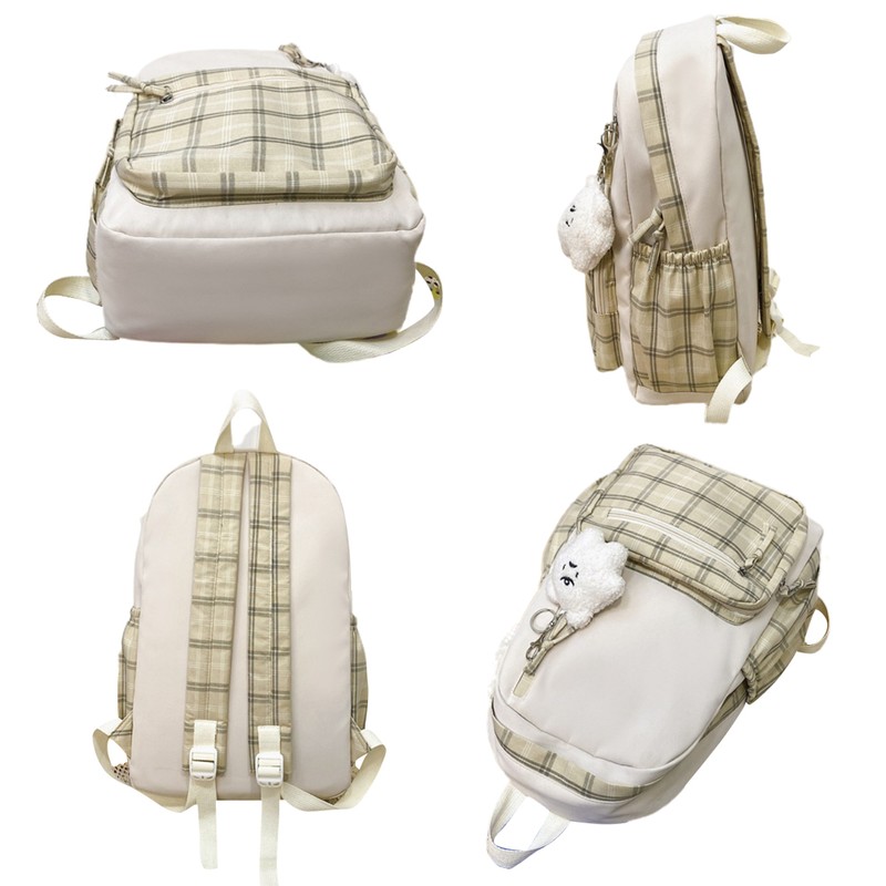 Cute Plaid Backpack with Plush Pendant Lightweight Large Capacity Student