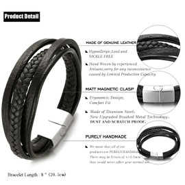 HALUKAKAH Basics ● Road Trip ● Men's Genuine Black Leather Multilayer Bracelet Titanium Silver Magnetic Clasp 8"(20.5cm) with Free Giftbox