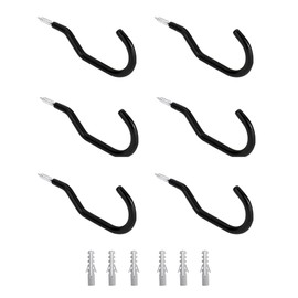 QWORK® 6 Piece Bike Hooks, Heavy Duty Bike Storage Hook Set, Screw-in Plastic Coated Utility Storage Hangers, Wall Mounted Garage Hangers for Mountain Road Bikes,Black