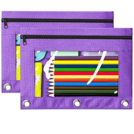 V-Opitos Pencil Pouch for 3 Ring Binder, 2 Pack Purple 3-Holes Zipper Pencil Pouches, Sturdy and Durable Cloth Pencil Case with Clear Window for Office School College Supplies
