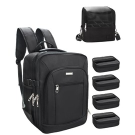 Makeup Backpack Makeup Artist Bag Professional Extra Large Cosmetic Bags Travel Train Case Storage Organizer Double-Layer Cosmetic Case with 4 Pouch and Brush Organizer (Black, two piece)