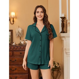 Ekouaer Womens Pajamas Set Soft Classic Notch Collar Bride Pjs Comfy Short Sleeve Sleepwear Loungewear,Lake Green,X-Large