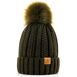 PAGE ONE Womens Winter Thick Cable Knit Beanie Faux Fur Pom Hat Fleece Lined Skull Cap Dark Olive