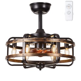 IYUNXI Caged Ceiling Fans with Lights Farmhouse, 18 Inch Flush Mount Vintage Bladeless Rustic Chandeliers Fan Remote Bedroom 6 Light E12 Bulb Base