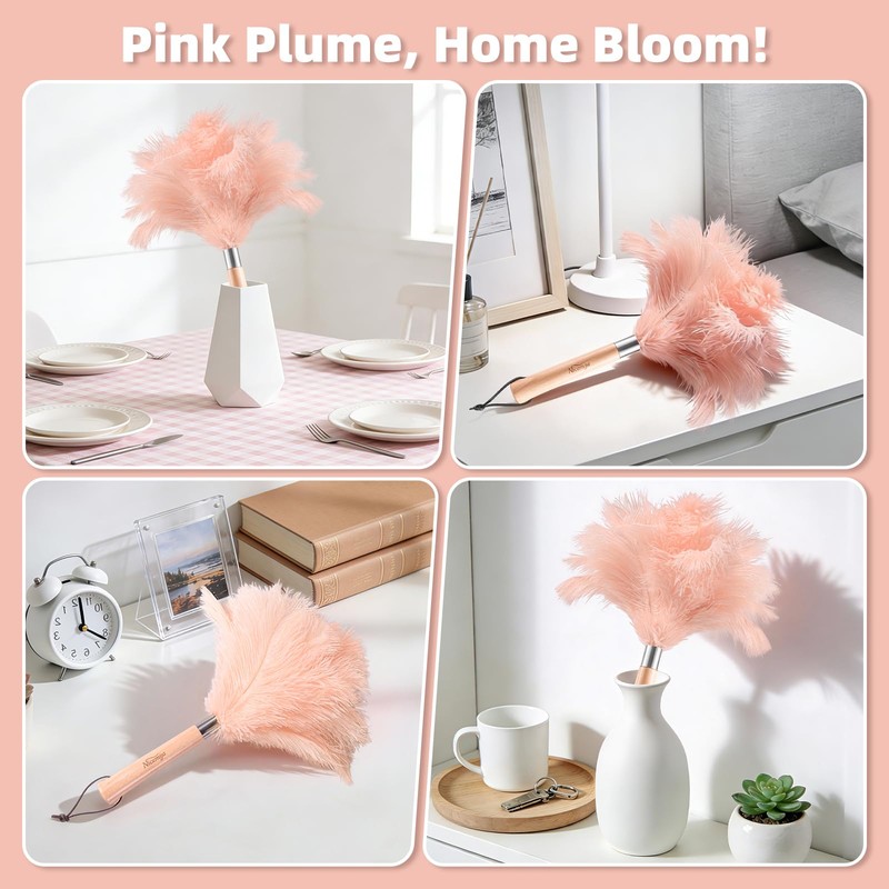 Pink Ostrich Feather Duster with Wooden Handle, 13.5 inch Natural
