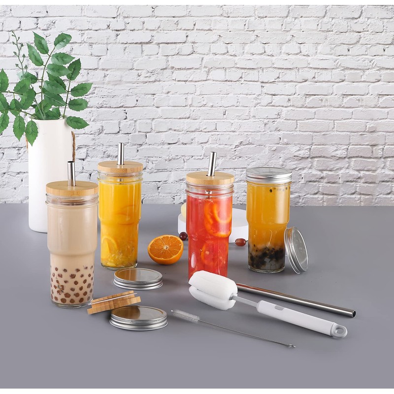 ASANMEYO 4 Pcs 24 oz Glass Cups With Bamboo Lids