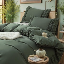 Merryword Olive Green Cotton Comforter Set Queen, 100% Cotton Comforter Bedding Set Coquette Aesthetic French Country Bedding Set