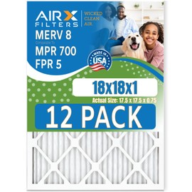 18x18x1 Air Filter MERV 8 Rating, 12 Pack of Furnace Filters Comparable to MPR 700 & FPR 5 - Made in USA by AIRX FILTERS WICKED CLEAN AIR.
