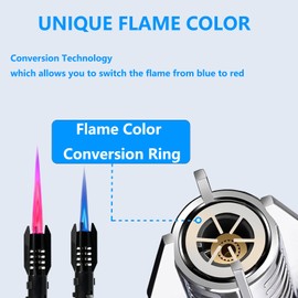 Torch Lighter, Refillable Butane Windproof Jet Flame Super Large Torch Lighter, Straight Bright Fire Adjustable Red/Blue Cool Flame & Safety Lock for Camping, BBQ, Baking, Outdoor, Gifts
