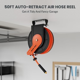 Giraffe Tools TA15 Retractable Air Hose Reel Swivel 3/8" x 50 ft Hybrid Hose, Max 300 PSI, Ceiling/Wall Mounted Heavy Duty Industrial Commercial Air Compressor Hose Reel, 50ft, Tangelo