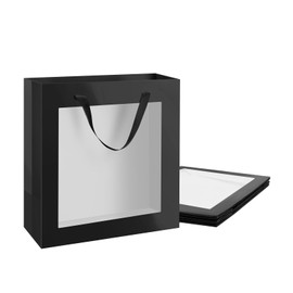 MALICPLUS 4 Black Gift Bags with Transparent Window, 10x4.5x11 Inches Extra Large Gift Bags with Handles for Wedding Graduation Valentine's Day Mother Day Festivals Party Present (Glossy Black)