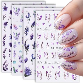 8pcs 3D Pink Purple Flower Nail Stickers for Women Spring Summer Floral Butterfly Nail Decals for Nail Art Supplies Cherry Blossom Lavender Flower Stickers for Nails Flowers Fingernail Sticker Set
