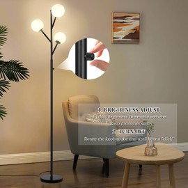 3-Globe Mid Century Black Tree Floor Lamp for Living Room,70in Tall Modern Stepless Dimmable Standing Lamp with Frosted Glass Shade for Office Bedroom, Study Room Bulbs Included(dimmer-Black)