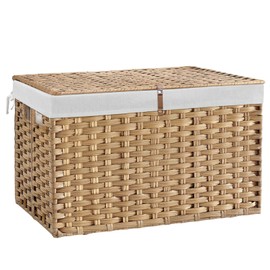 180L Wicker Storage Basket with Lid, Handwoven Rattan Large Shelf Basket with Removable Liner, 47.6 Gallon Wicker Basket for Blanket, Storage Trunk with Handle for Closet, Bedroom, Livingroom, Natural