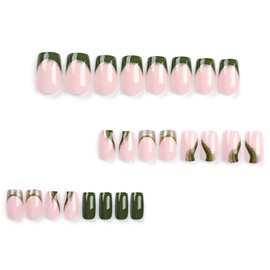 Green Press on Nails Short Square BAOYAALIN, Glitter Fake Nails with Swirl Design Gel Glue on Nails for Women Girls Full Cover Acrylic Artificial False Stick on Nail for Wedding 24Pcs in 12 Sizes