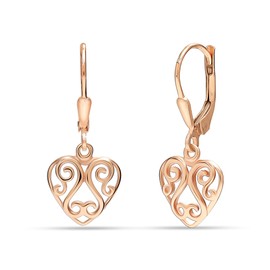 LeCalla Sterling Silver Heart Dangle Earrings Jewelry Lightweight 14K Rose Gold Plated Filigree Leverback Heart Drop Earring for Women - 30mm