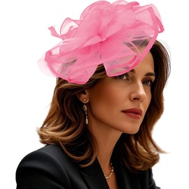 Muswarm Women Fascinators Flower Mesh Kentucky Church Derby Hat with Headband and Clip for Lady Tea Party Wedding(12" Diameter/Pink)