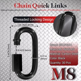 30 Pcs 3" Heavy Duty Chain Quick Links, 5/16" High Strength Anti-Rust Carabiner, 1600 LBS Chain Connector for Hanging Keys, Dog Leash, Camping, and Hiking - Black