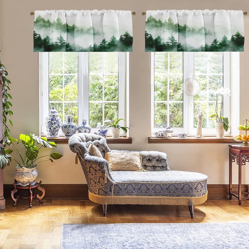 Emvency 2 Pack Valances Window Treatments, Misty Forest Green Nature